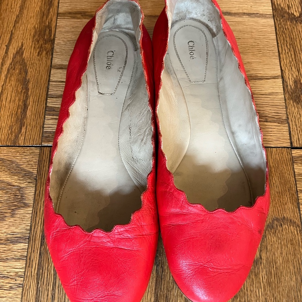CHLOE RED LEATHER LAUREN SCALLOPED BALLET FLAT SZ 39.5/9.5 M